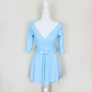 NWT Boohoo Baby Blue Tailored Surplice Criss Cross Belted Skater Mini Dress
